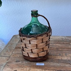 Vintage Demijohn Wine Bottle With Wicker Basket 14&Prime; Emerald Green Glass