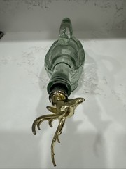 Vintage Wine Bottle Decanter Basket Pattern Greenish Hue With Deer Stopper