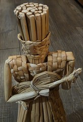 Vintage Wine Bottle Cover Wicker 18” Tiki Statue Playing Instrument