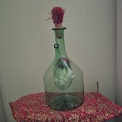 Vintage Italian Demijohn Green Glass Wine Decanter with Plugs and Ice Chamber
