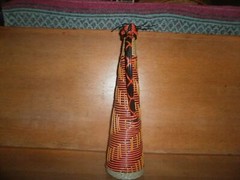 16  » Vintage Wine Bottle, Glass Wrapped -w- Woven Plastic Cord -w- Handle Red 1