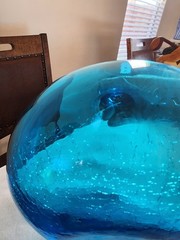 LARGE Blue Demijohn Studio Blown Glass bottle Crackled Bottom Polished Pontil