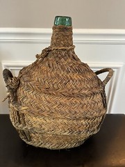 Demijohn Green Bottle Vintage Made In Barcelona Mark VBSA Wrapped In Wicker
