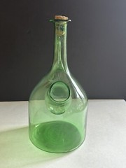 Vintage Hand Blown Green Glass Wine Bottle Decanter W/ Ice Chamber & Cork