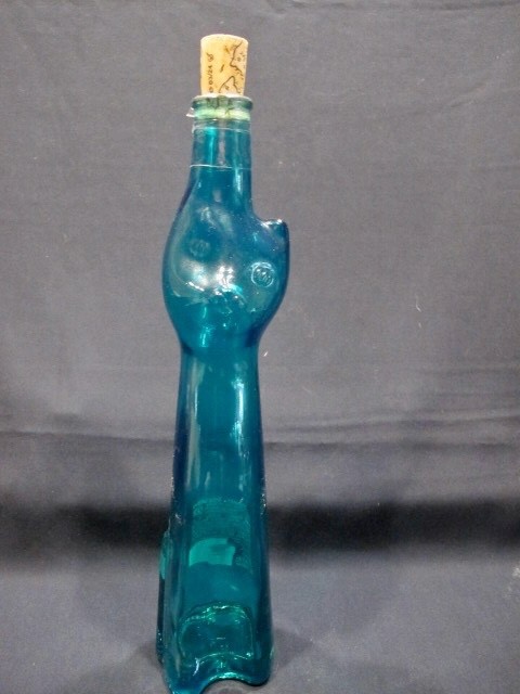 MOSELLAND « CAT » TEAL GREEN EMPTY LIQUOR BOTTLE W/ CAT CORK