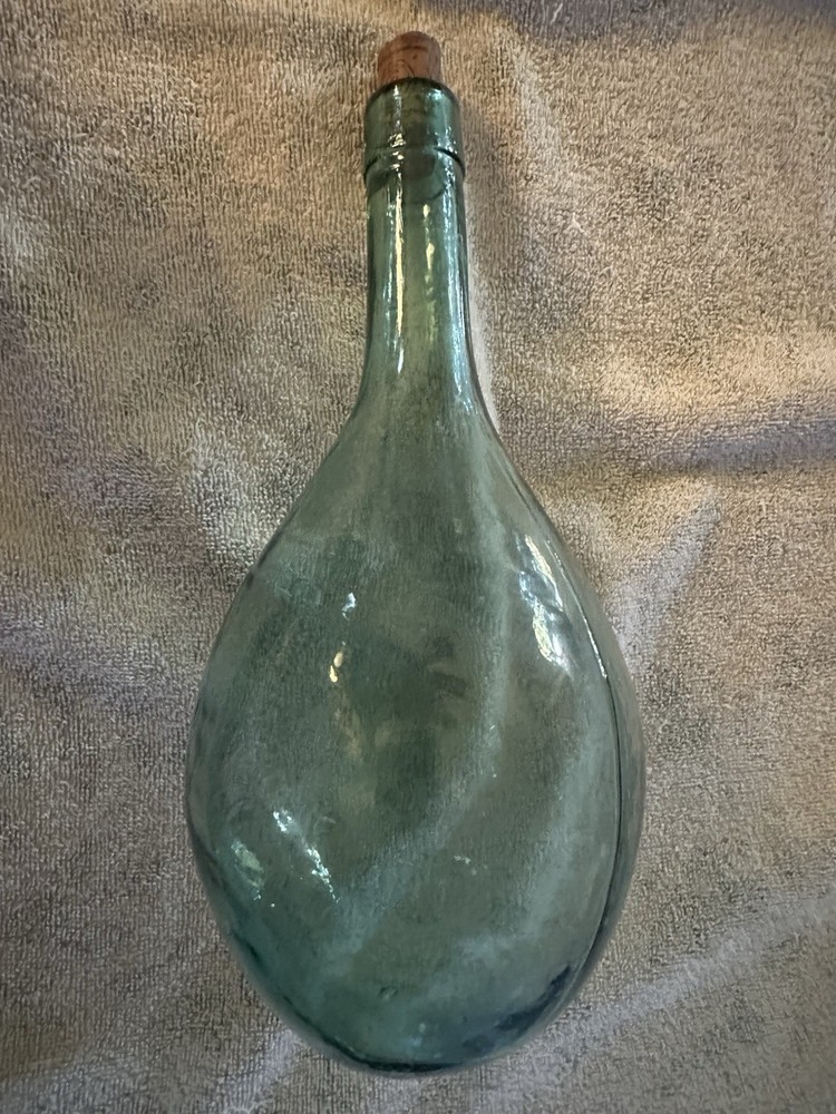 Antique Vtg. Hand Blown Wine Bottle Torpedo Round Bottom Green Glass 10 1/2” tal