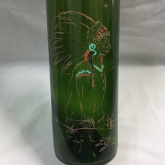 Vintage Dark Green Wine Champagne Bottle with Indian Image Painted 12&Prime; Tall
