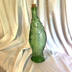 1960-70s Vintage Green Glass Italian Fish Shaped Wine Bottle Decanter w/Cork 13&Prime;