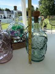 Set Of 3 Glass Embossed Grape Motif WINE Bottles With Basket Corks 7.75” To 9.5”