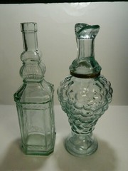 Vintage (2) Embossed Aqua Green Glass Ewer / Decanters 11.75&Prime; (Pinord) Excellent