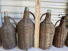 6 Bottles Antique Wicker Wrapped Glass Bottles Lot Handles Tall French Farmhouse
