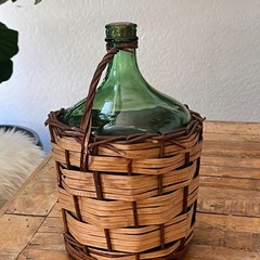 Vintage Demijohn Wine Bottle With Wicker Basket 14&Prime; Emerald Green Glass