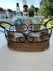 Set Of 3 Glass Embossed Grape Motif WINE Bottles With Basket Corks 7.75” To 9.5”