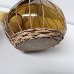 Vintage 10 1/4” Amber Glass Wine Decanter W Spout Rattan Trim & Wood Stopper