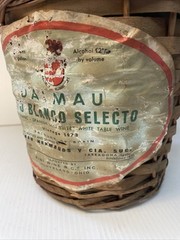 Vtg Wicker Wrapped Demijohn Label DALMAU Spain Green Glass Wine Bottle 13” tall