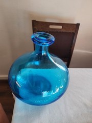 LARGE Blue Demijohn Studio Blown Glass bottle Crackled Bottom Polished Pontil