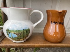 Splendid vintage collection of empty Italian Chianti flascas and ceramic jags