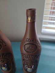 2 Kindzmarauli Georgian Ceramic Clay Pottery Red Wine Bottle Empty 3-D Design
