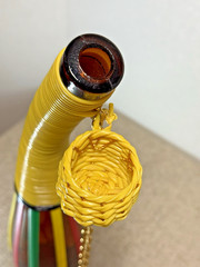 VTG MCM Amber Glass Norleans Spain Decanter Bottle Scoubidou Woven Vinyl Wicker