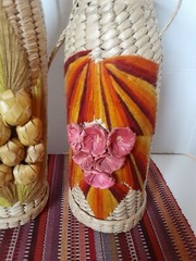 Wicker Rattan Straw Wine Bottle Carrier Holder Tiki Bar Floral Vintage