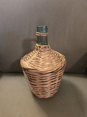 Antique Wicker Wrapped Half Gal. Green Wine Demijohn Glass Jug