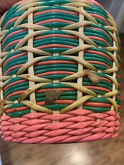 Vintage Green Viresa Glass Bottle Wrapped In Colorful Plastic Wicker 9.5” Tall