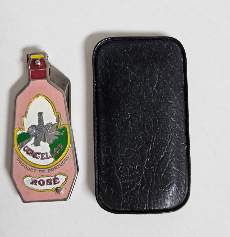 VINTAGE MINI CLOISONNE FIGURAL KNIFE Portugal CONCELLOS Rose WINE BOTTLE w/case