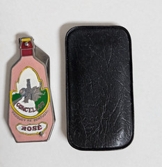 VINTAGE MINI CLOISONNE FIGURAL KNIFE Portugal CONCELLOS Rose WINE BOTTLE w/case