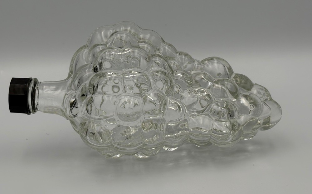 Vintage Clear Glass Grape Cluster Figural Bottle Decanter with Black Screw Cap