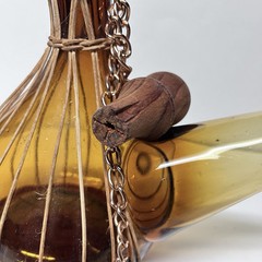 Vintage 10 1/4” Amber Glass Wine Decanter W Spout Rattan Trim & Wood Stopper