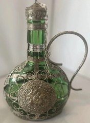 ANTIQUE 9.5” FILIGREE Wrapped Emerald GREEN GLASS Decanter