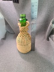 Vintage Dark Green Glass Jute Wrapped Wine Bottle Empty