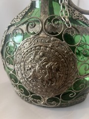 ANTIQUE 9.5” FILIGREE Wrapped Emerald GREEN GLASS Decanter