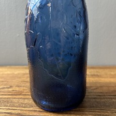 VTG Cobalt Blue European Wine Bottle With Embossed Grapes And Leaves 12” X 3.25”