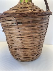 Vtg Wicker Wrapped Demijohn De Muller Spain Green Glass Wine Bottle 13” h x 9”w*