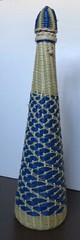 Vintage 1970s blue & natural Wicker Rattan Covered Handled brown Bottle w/ Top