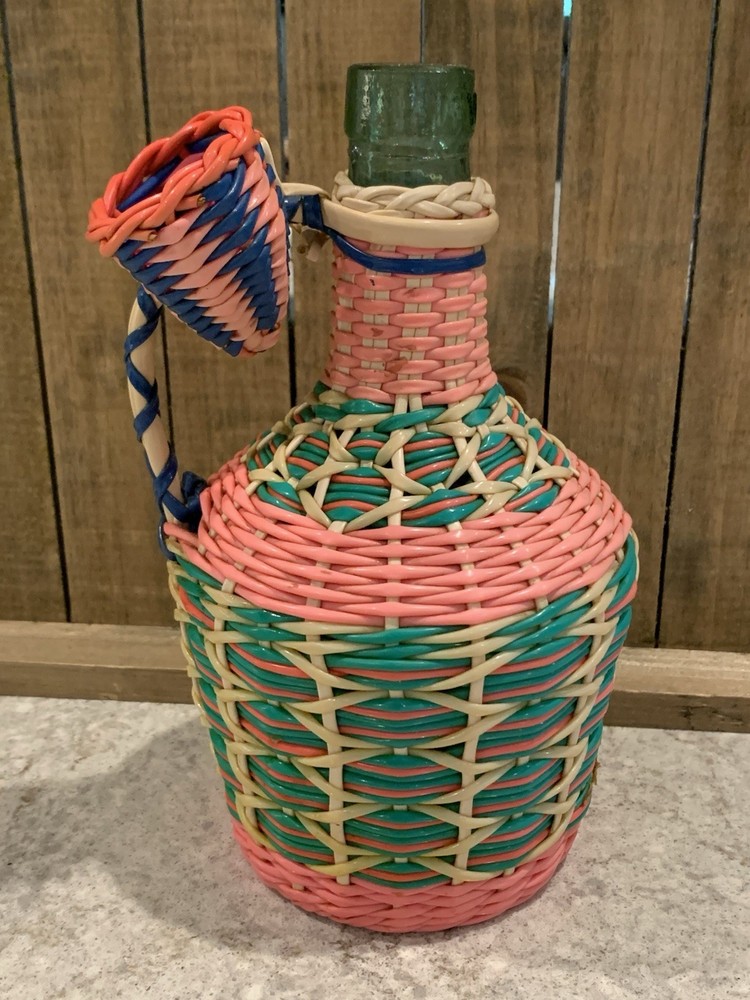 Vintage Green Viresa Glass Bottle Wrapped In Colorful Plastic Wicker 9.5” Tall