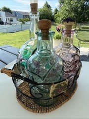 Set Of 3 Glass Embossed Grape Motif WINE Bottles With Basket Corks 7.75” To 9.5”