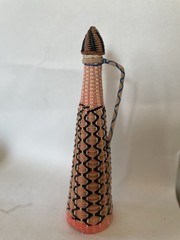 Vintage Viresa Plastic Wicker Wrapped Wine Bottle Boho Chic Spain colorful 15&Prime; H