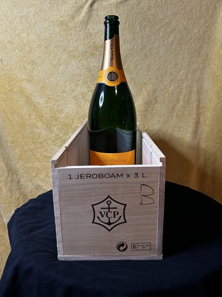 Empty Veuve Clicquot Brut Champagne Jeroboam 1.5L Bottle in Wooden Box