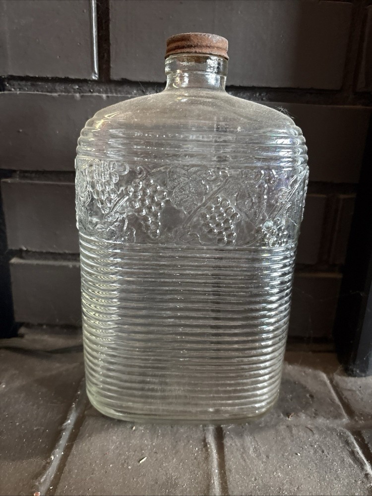Vintage Glass Grapevine Embossed Wine Bottle Jar 1/2 Half Gallon Screw Lid GUC