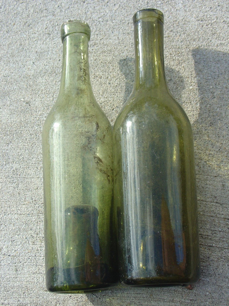 Antique Vtg Olive Green Glass French Wine Bottle Lot Deep Well Hand Applied Top