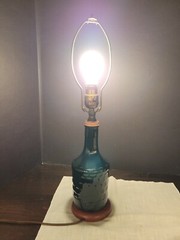 Wine Bottle Lamp Vintage Mogen David w/Star and Rose Decal Dark Bottle Wood Base