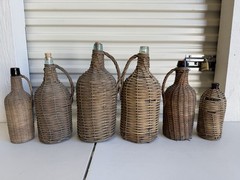 6 Bottles Antique Wicker Wrapped Glass Bottles Lot Handles Tall French Farmhouse