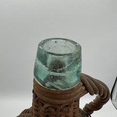 Antique Wicker Wrapped Aqua Glass Demijohn Demi John Bottle Jug Wine Basket