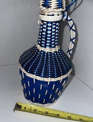 Vintage Blue Woven Plastic Green Glass Wine Bottle Jug Lid Wrapped Albania