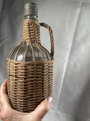 Old Glass Bubble Wicker Wrapped Bottle With Metal Screw Cork 10” Denver Antique