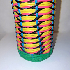 Vintage Viresa Plastic Wicker Wrapped Wine Bottle Boho Chic Spain colorful 15&Prime; H