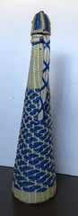 Vintage 1970s blue & natural Wicker Rattan Covered Handled brown Bottle w/ Top