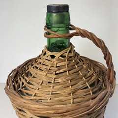 Vtg Wicker Wrapped Demijohn De Muller Viresa Spain Green Glass Wine Bottle 13.5”
